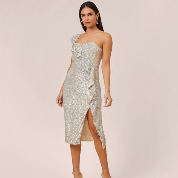 NWT Aiden Mattox champagne sequin one shoulder ruffle dress - Picture 2 of 8